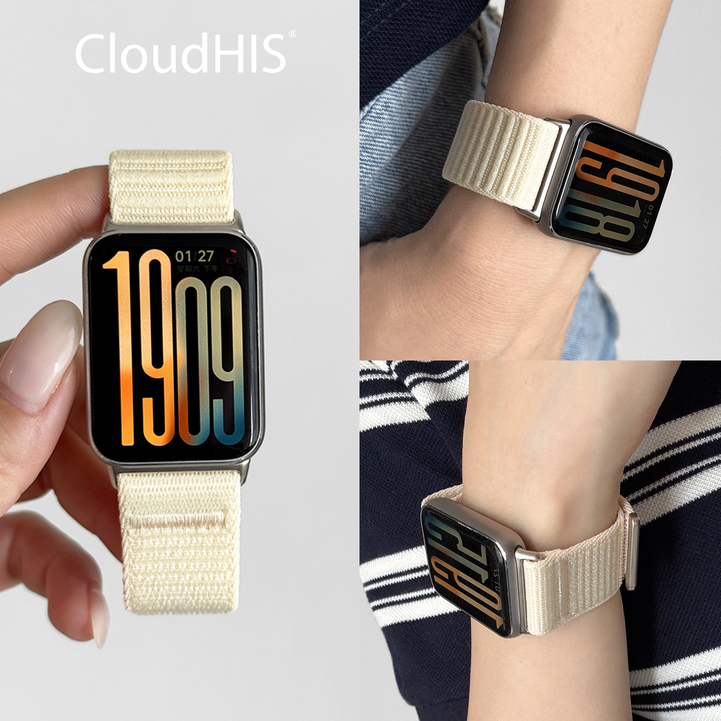 CloudHIS新款适用小米手环表带9pro尼龙编织回环魔术贴8Pro智能手表表带10红米watch5替换表带红米watch6男女