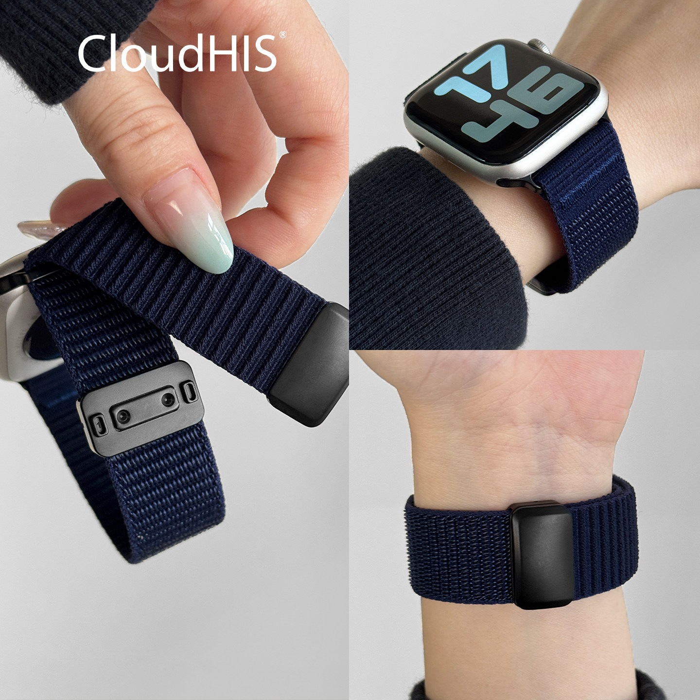 CloudHIS新款尼龙编织磁吸扣iwatch表带s12适用applewatch透气s10苹果手表带se38代运动腕带s11男女Ultra46mm