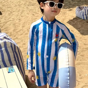 宝宝泳衣男宝夏装新款专业连体泳装儿童高端拼色条纹休闲长袖泳衣