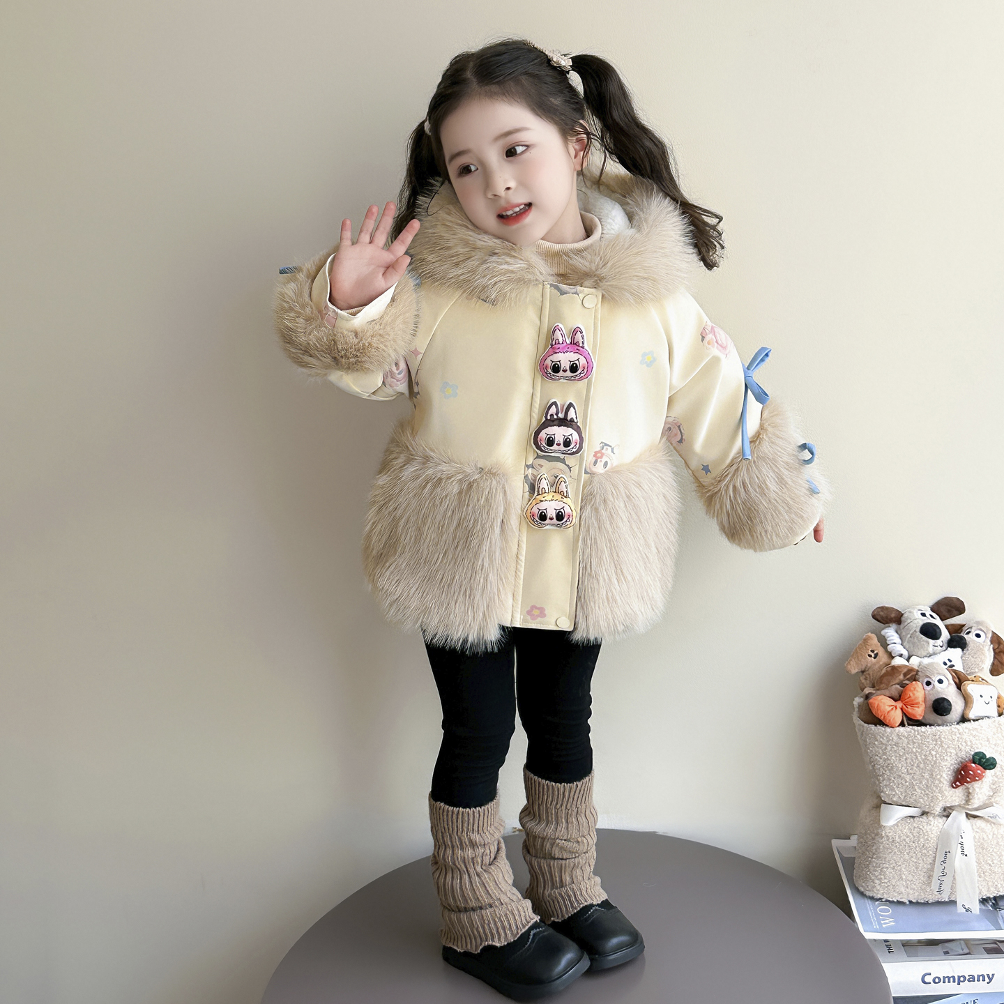 拉布布女童仿皮草外套加绒加厚冬时髦儿童毛毛衣连帽皮毛一体上衣