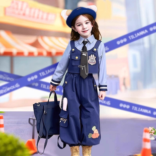 女中童长袖套装朱迪兔子警官衣服2025新款秋装时髦马甲工装三件套
