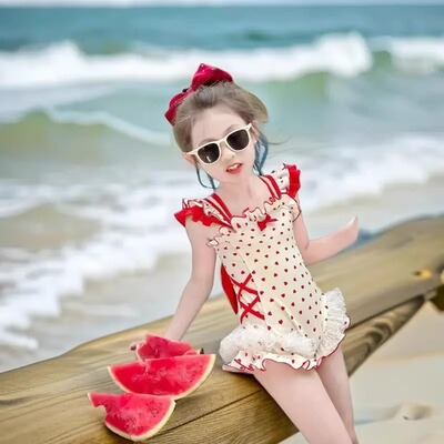 小女孩绝美泳装夏款洋气蝴蝶结甜美爱心时髦速干泳衣连体飞袖泳装
