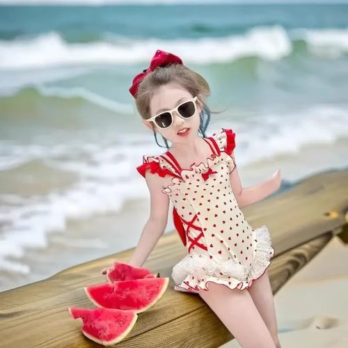 小女孩绝美泳装夏款洋气蝴蝶结甜美爱心时髦速干泳衣连体飞袖泳装