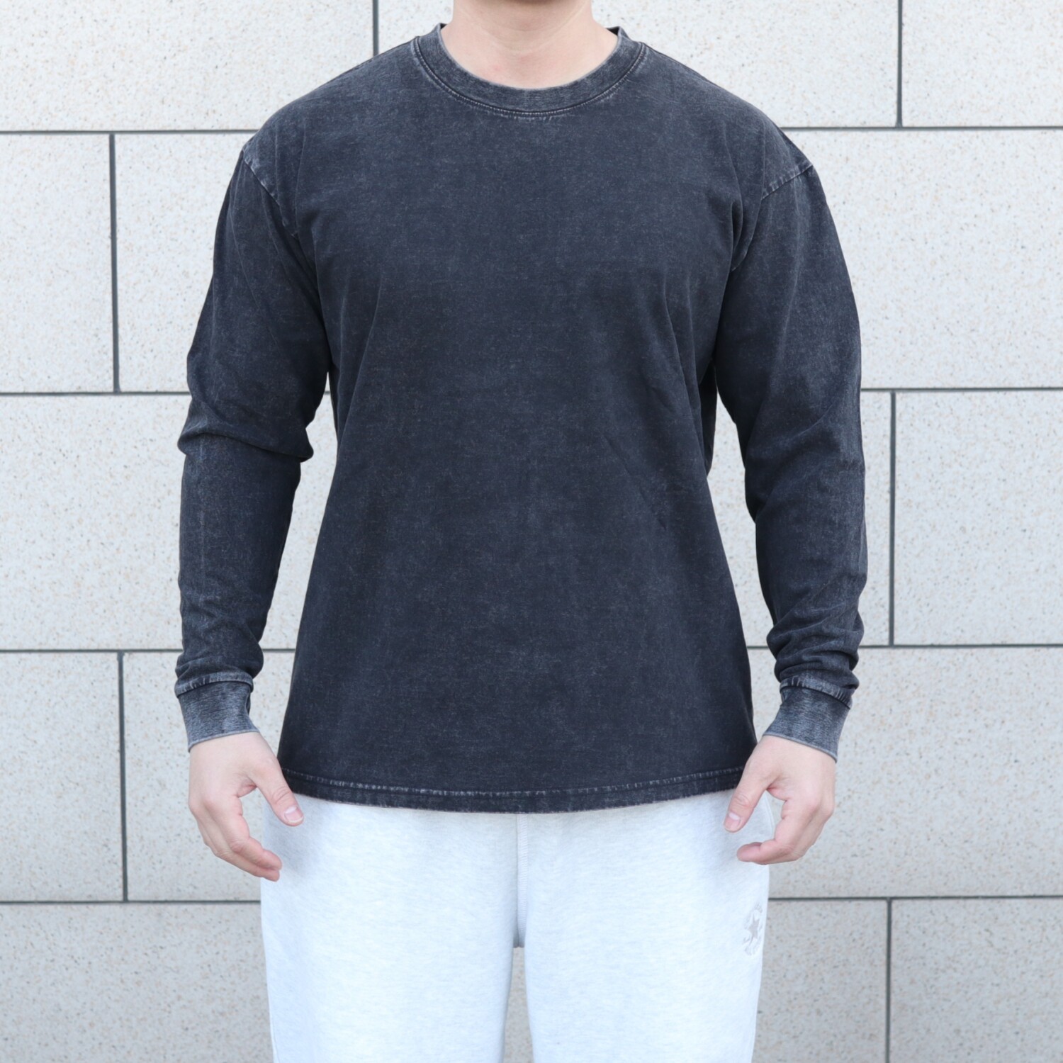 230克做旧复古风纯棉长袖T恤男宽松圆领情侣团体健身训练透气汗衫