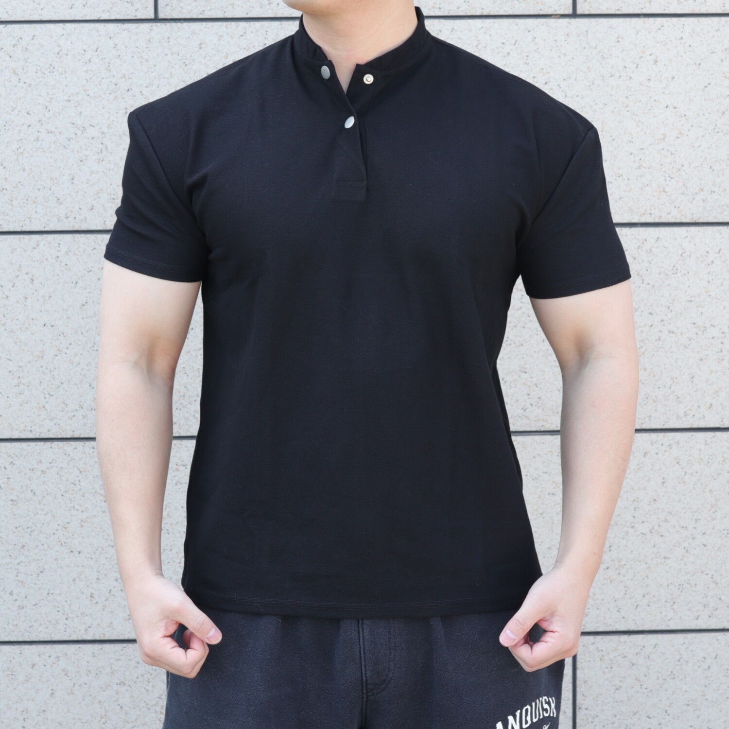 美式健身亨利领短袖POLO衫男款正肩袖口收紧t恤夏季硬挺重磅半袖