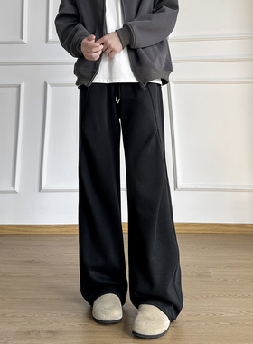 York Zoom秋冬微弹黑色男士美式复古宽松直筒弯刀休闲裤男长裤子