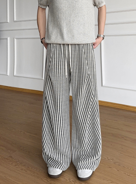 York Zoom秋季新款慵懒风褶皱条纹休闲裤运动长裤男复古潮流垂感