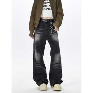 水洗复古做旧纹理直筒vintage长裤 黑色牛仔裤 宽松 Zoom美式 York