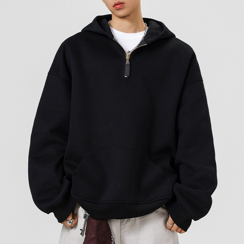 YORKZOOM春季简约风半拉链连帽卫衣男宽松落肩袖套头潮牌外套黑色