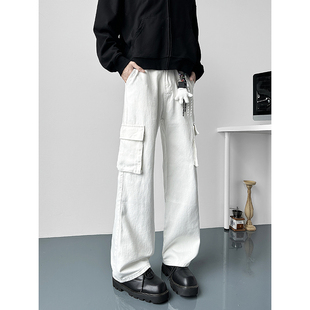 潮流休闲裤 YORKZOOM美式 男直筒长裤 风多口袋白色牛仔裤 宽松 工装