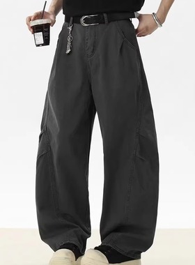 York Zoom春季美式廓形弯刀弧形褶皱工装做旧洗褪牛仔裤长裤宽松