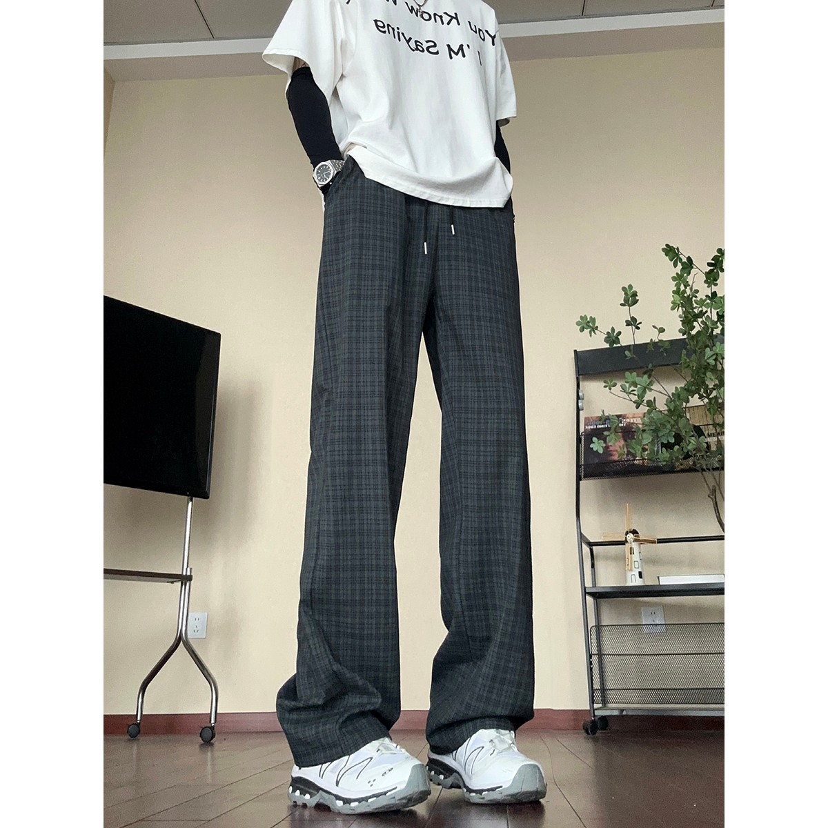 YorkZoom夏季新款轻薄透气格子裤长裤休闲裤情侣男女百搭复古