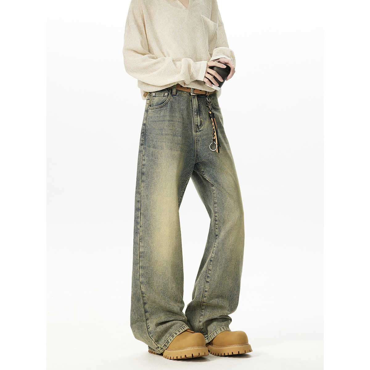 黄泥染牛仔裤水洗做旧质感长裤