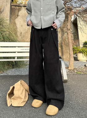 YORKZOOM春季新款美式A褶纽扣宽松拖地休闲裤长裤复古垂感百搭