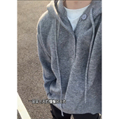 YORKZOOM韩式 饰秋冬款 休闲风连帽套头毛衣男宽松针织衫 灰色纽扣装