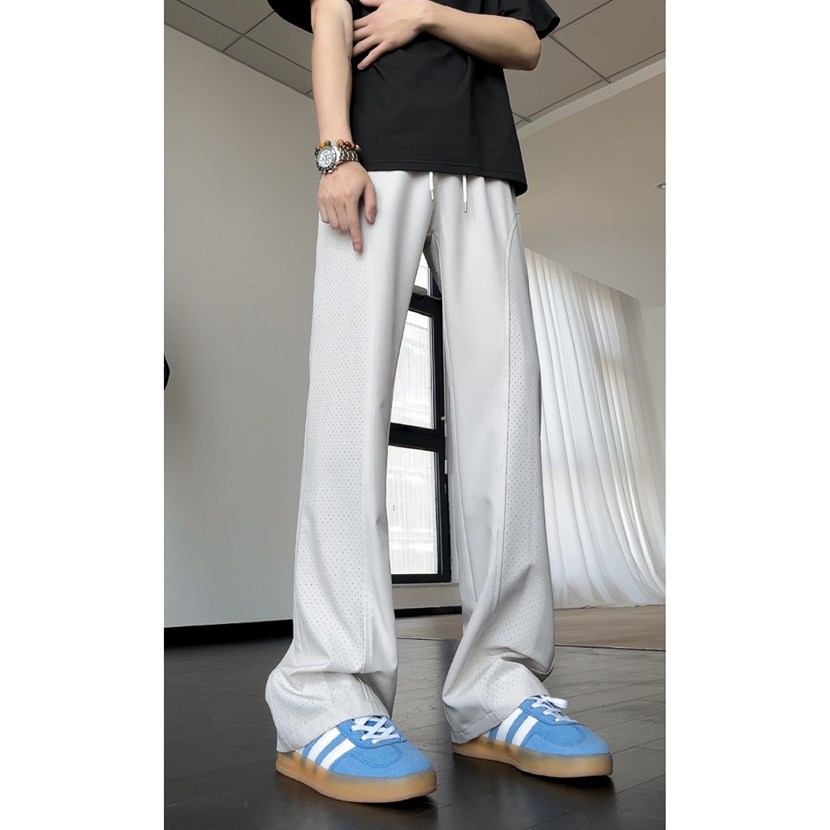 York Zoom夏季轻薄透气孔美式斜切休闲裤长裤薄款垂感弹力百搭