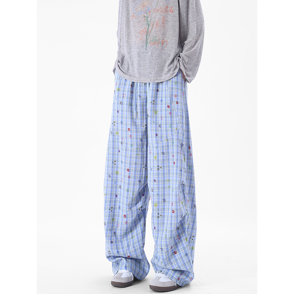 条纹格子弯刀褶皱降落伞裤