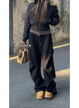 YORKZOOM黑色阔腿喇叭裤女加绒加厚西裤显瘦宽松直筒长裤中性风