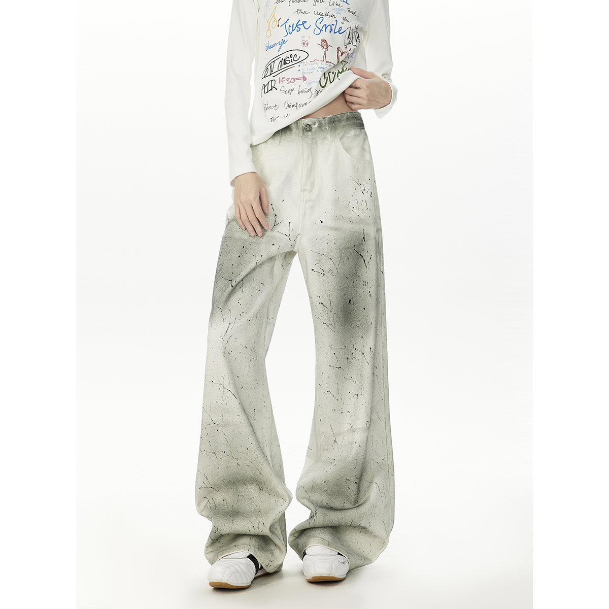 美式扎染欧若精灵风白牛仔裤