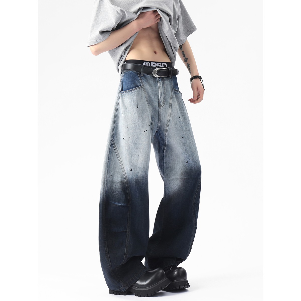 YorkZoom夏季新款弯刀扎染渐变水洗做旧牛仔裤长裤美式复古潮流