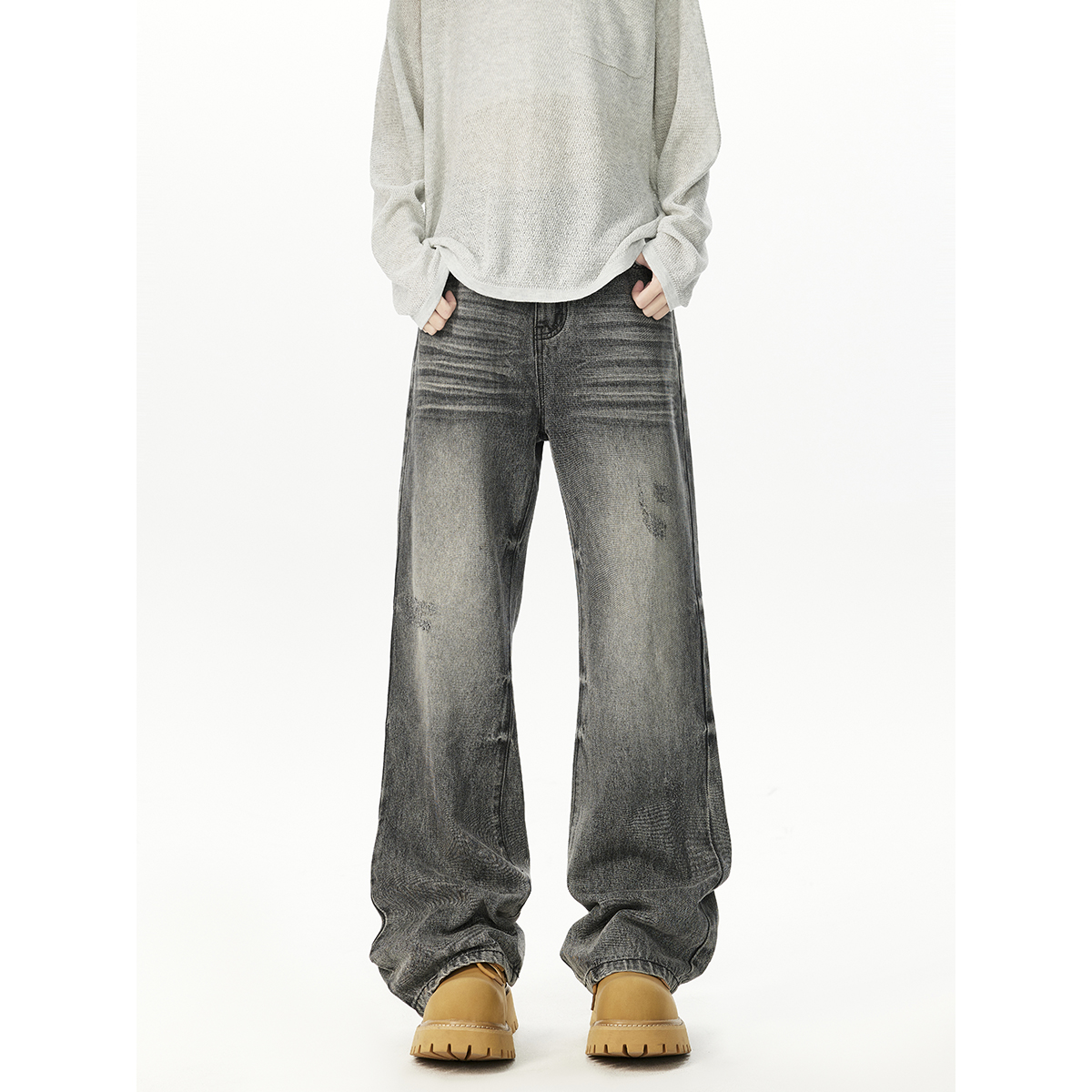 蓝水洗复古做旧纹理直筒休闲长裤