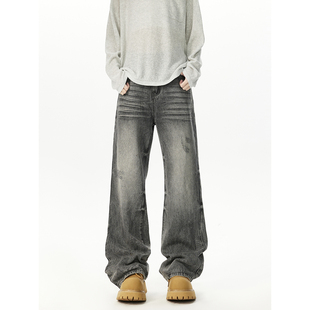 蓝水洗复古做旧纹理直筒休闲vintage长裤 York Zoom重工猫须牛仔裤