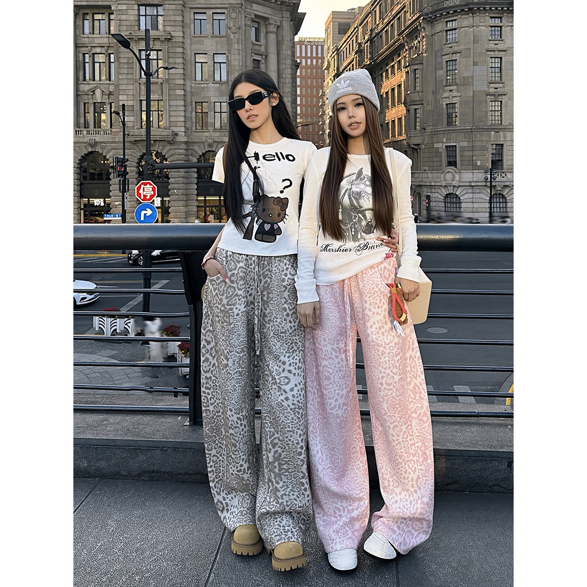 York Zoom夏季新款豹纹美式复古弯刀阔腿显瘦卫裤休闲裤长裤高腰