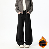 潮百搭工装 YORKZOOM秋冬加绒微喇牛仔裤 男黑色宽松长裤 舒适休闲