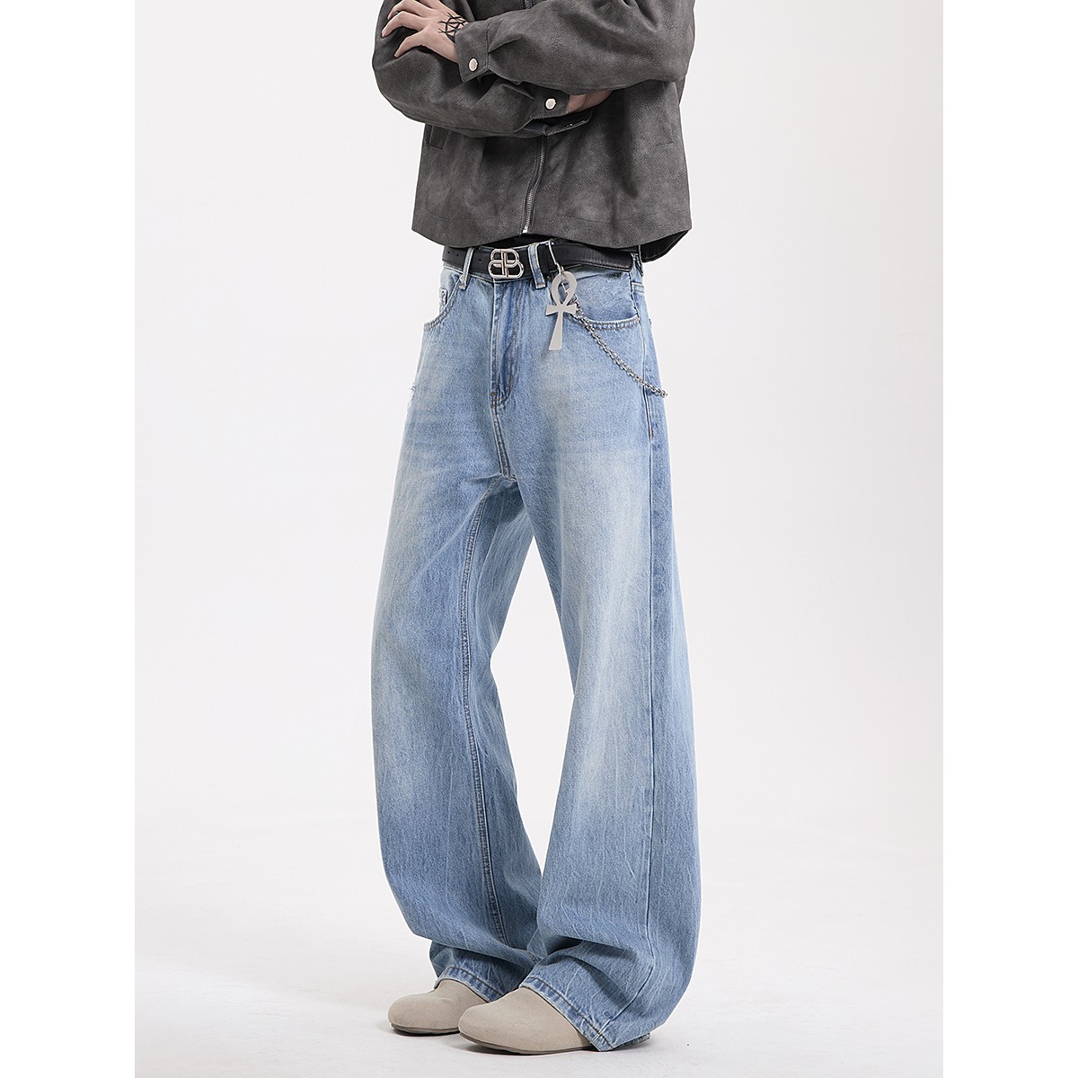 重磅水洗冰蓝牛仔裤复古高街