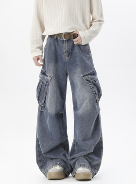 YORKZOOM春季新款美式褶皱工装口袋水洗做旧牛仔裤长裤宽松阔腿