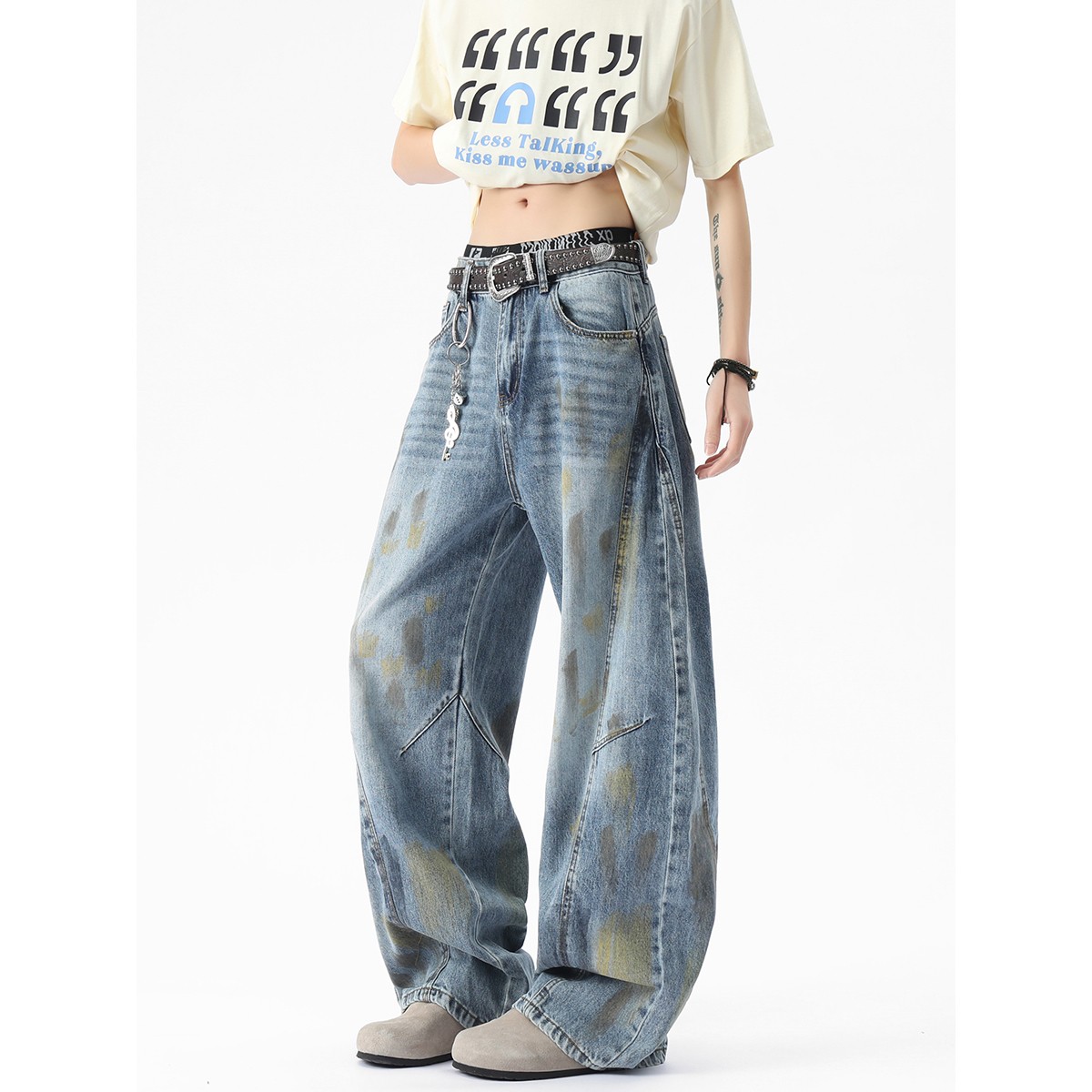 YorkZoom夏季新品弯刀廓形泼墨牛仔裤宽松美式做旧设计感水洗