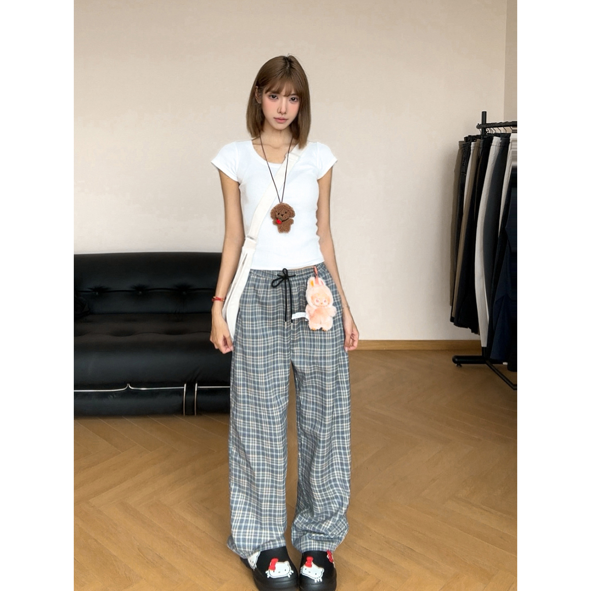 夏季新款轻薄透气格子裤