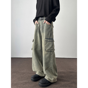 潮牌美式 YORKZOOM美式 男宽松直筒阔腿长裤 风多口袋牛仔裤 复古 工装