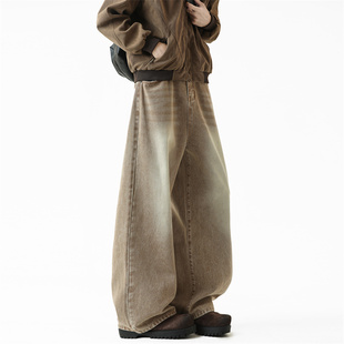 潮牌百搭长裤 男宽松阔腿裤 棕色复古 水洗做旧牛仔裤 YORKZOOM美式