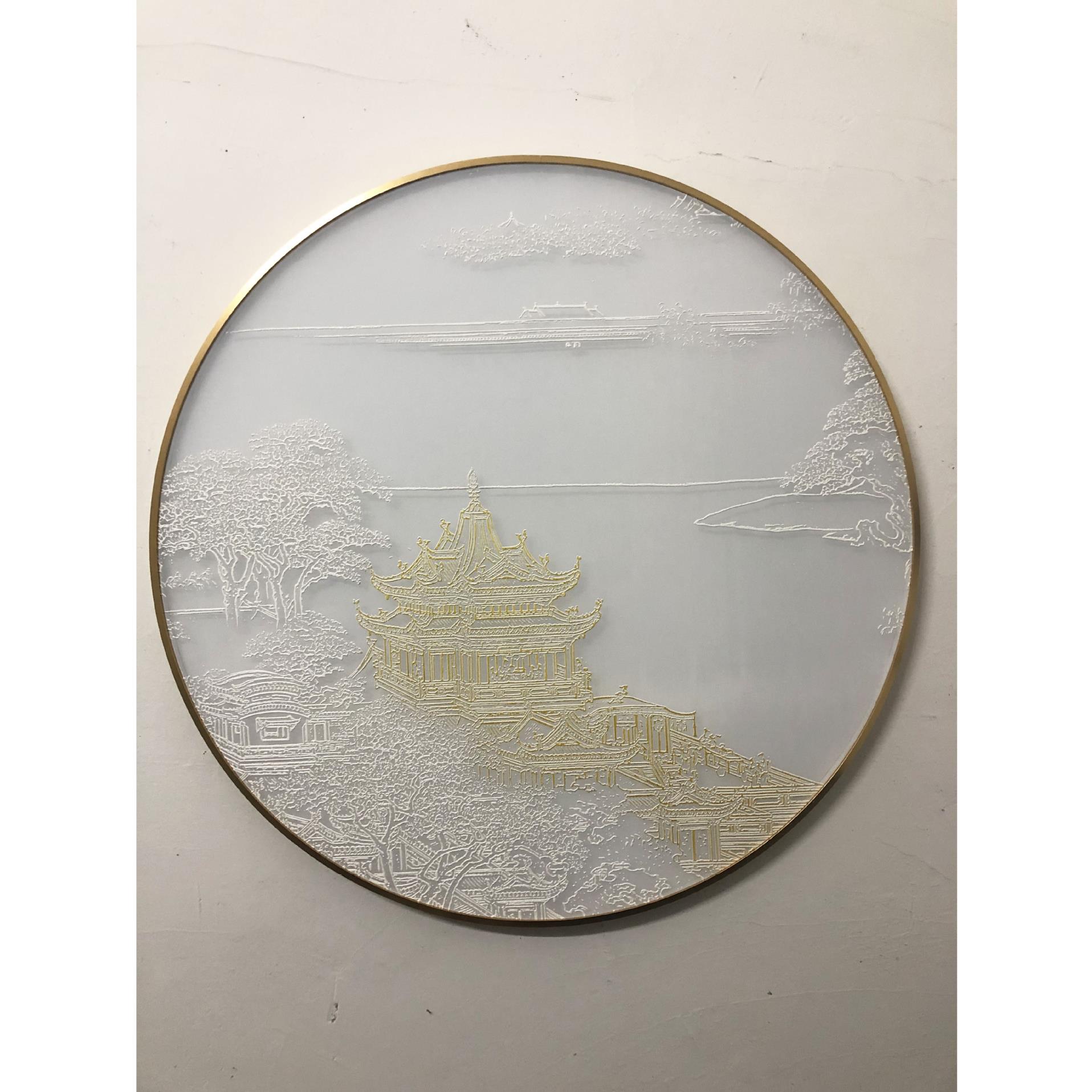 立体肌理浮雕D挂画透明丝绢山水楼阁圆形装饰画客厅餐厅卧室挂画