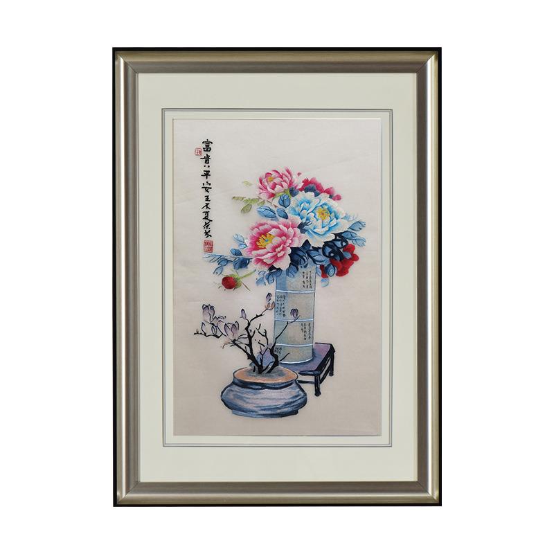 刺绣新中式立体装饰画玄关走廊过道挂画客厅背景墙落地画国风丝绸