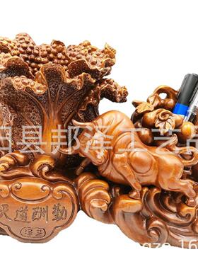 天道酬勤双笔筒摆件福禄白菜笔筒书房办公室家居树脂仿木工艺品