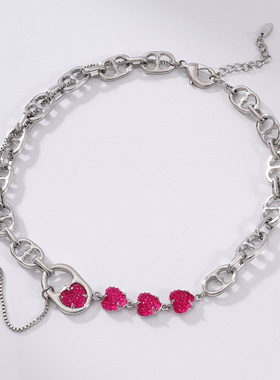 玫红桃心叠戴设计感项链女 爱情树莓粉桃项链轻奢小众爱心