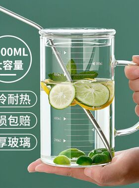 高硼硅带刻度玻璃杯水杯家用杯子1000ml大容量耐高温带盖泡茶杯