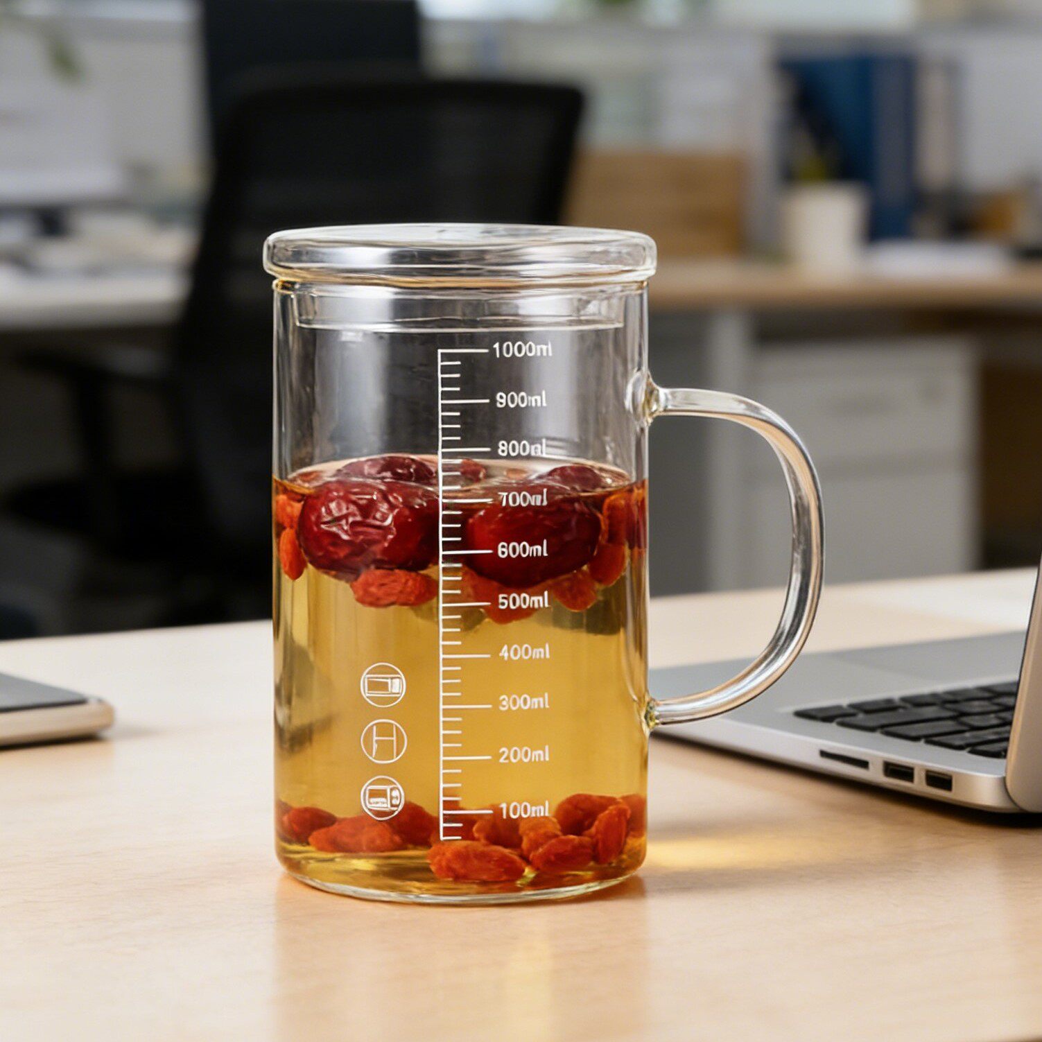 简畅大容量高硼硅玻璃杯带刻度茶杯马克杯带手柄办公室泡茶喝水杯