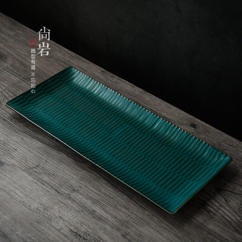 中式干泡台陶瓷功夫茶具托盘小号长方形螺纹单层创意粗陶窑变