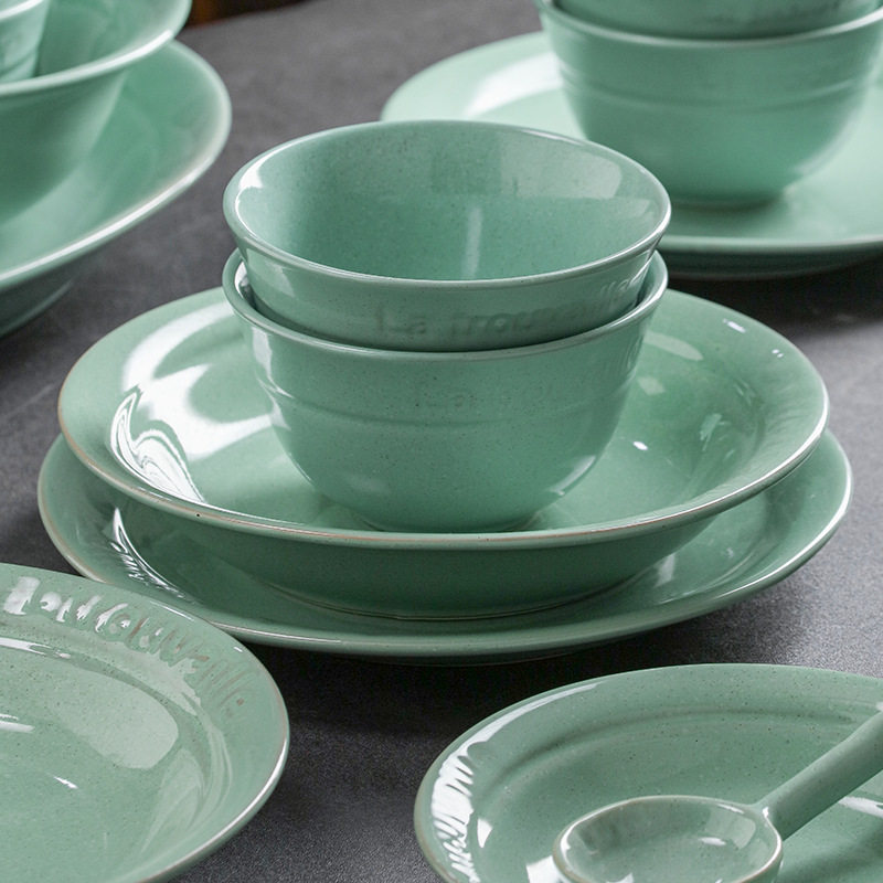 窑变绿色碗盘陶瓷餐具家用高颜值米饭碗汤碗餐盘菜盘子碗套装