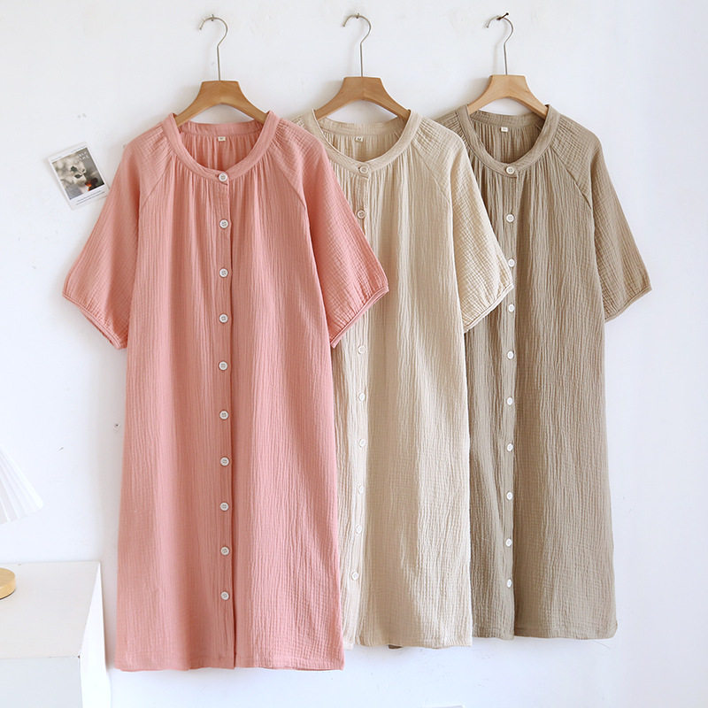 日系绉布纯棉睡裙女宽松家居服夏季薄款双层纱布家居裙开衫长裙