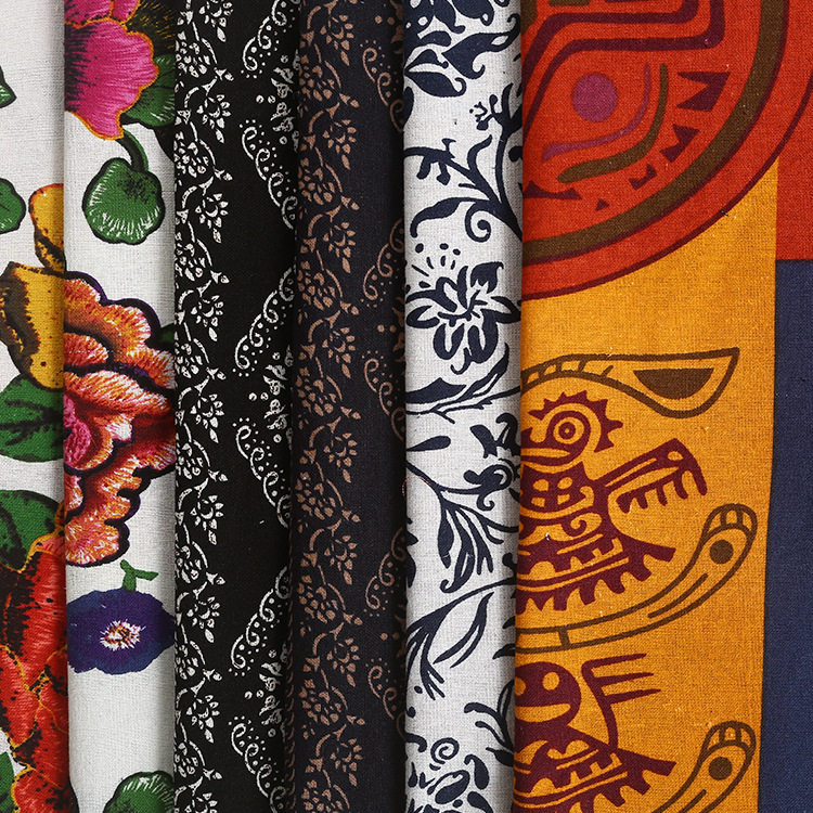 厂家直销现货春夏仿麻男裤印花布料连衣裙家纺抱枕面料装饰布