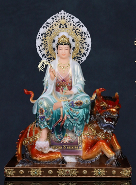 汉白玉观音菩萨佛像家用供奉带坐骑金毛吼观音南海观世音佛堂摆件