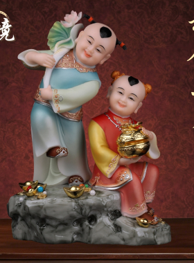 汉白玉彩绘和合二圣神像摆件