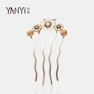 言意优雅复古浮花梦影高端四齿盘发插梳新款中式发梳头饰发卡