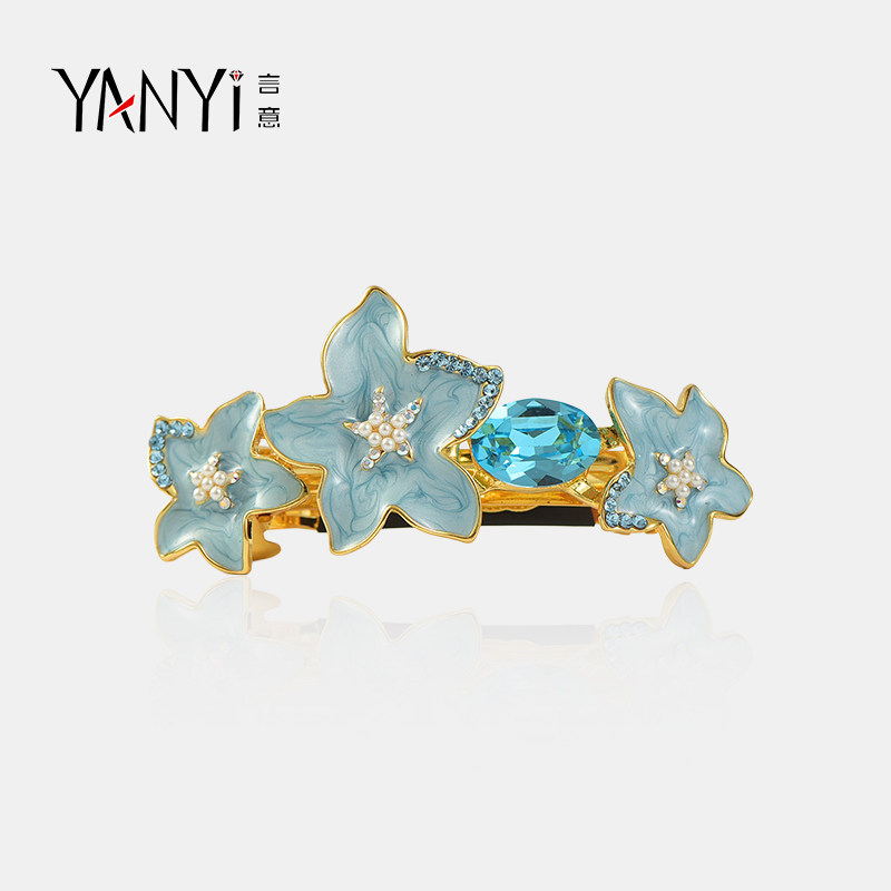 言意2026春新款发饰海星栖晶蓝半扎发发夹高级感后脑勺横夹一字夹