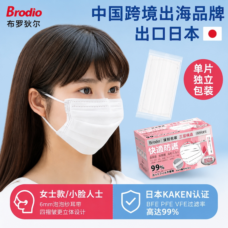 Brodio出口女士小脸保暖口罩一次性独立包装泡泡纱耳带轻薄防勒夏