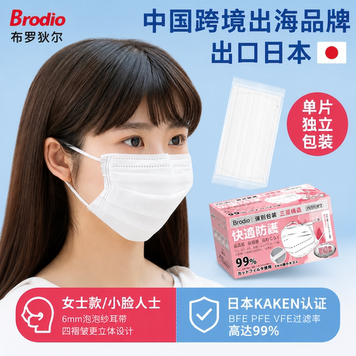 Brodio出口女士小脸保暖口罩一次性独立包装泡泡纱耳带轻薄防勒夏 - 封面